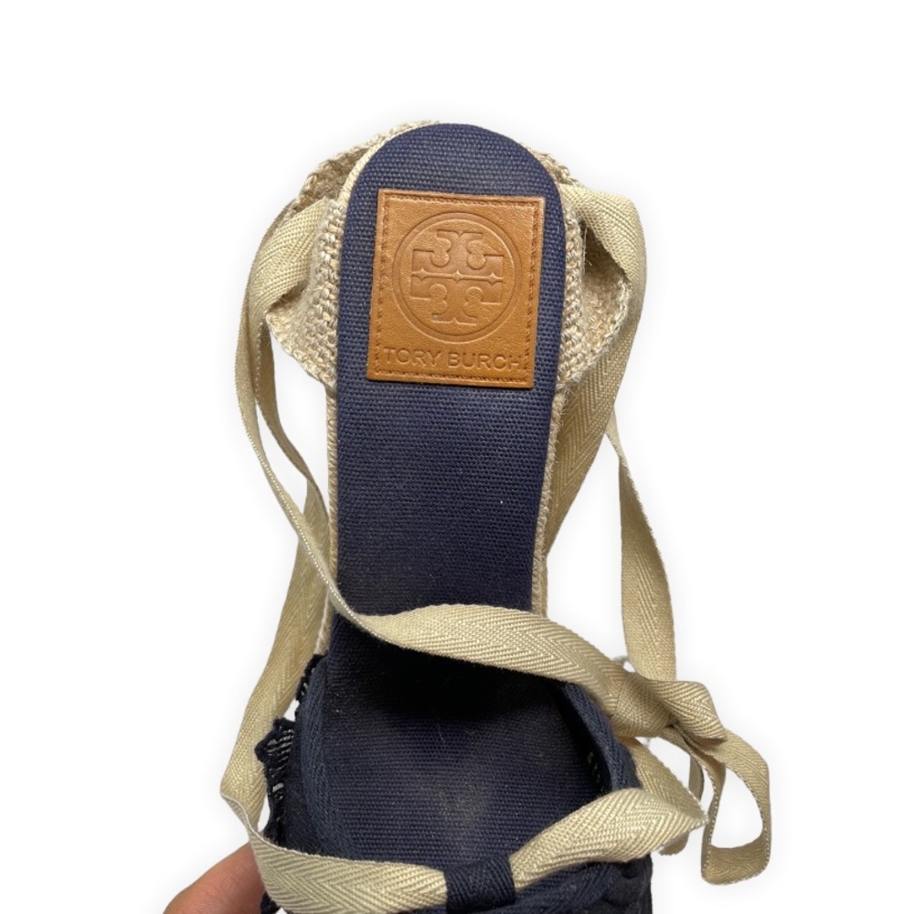 Tory Burch Wrap Ankle Wedge Espadrilles Lace Toe Navy Blue Tan_10.5 - Picture 6 of 6